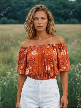 Orange Floral Off-Shoulder Crop Top